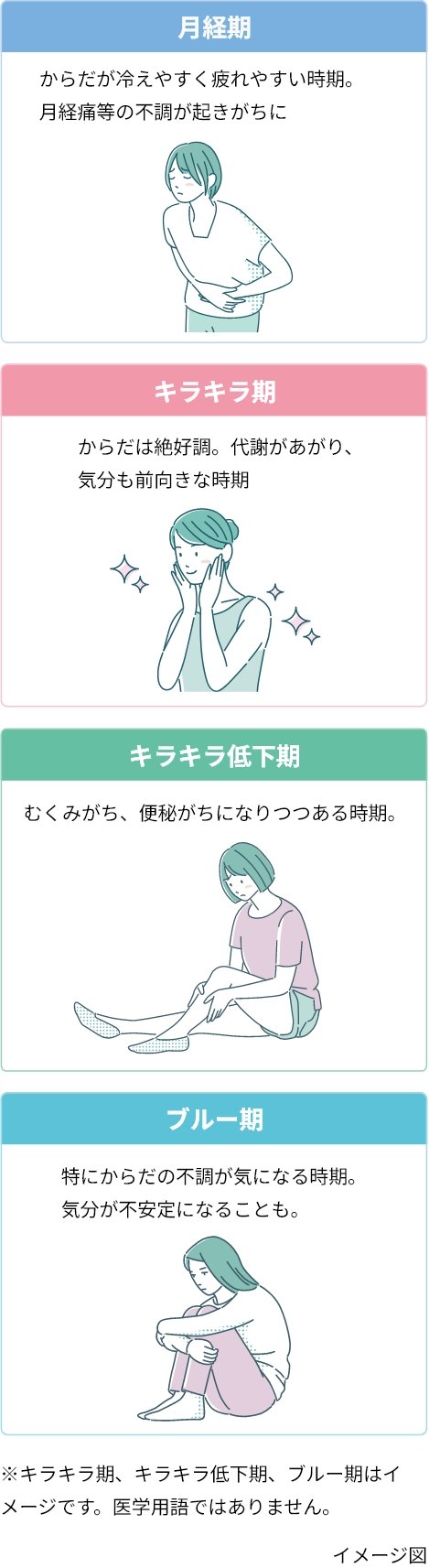 【月経期】からだが冷えやすく疲れやすい時期。月経痛等の不調が起きがちに。【キラキラ期】からだは絶好調。代謝があがり、気分も前向きな時期。【キラキラ低下期】むくみがち、便秘がちになりつつある時期。【ブルー期】特にからだの不調が気になる時期。気分が不安定になることも。